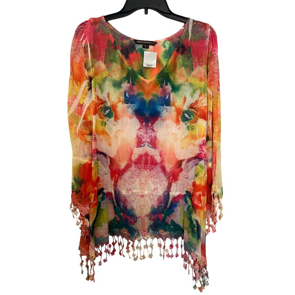 Boho Womens Sheer Tunic Top With V-Neck Beaded Hem & Long Sleeves Size M bohemia